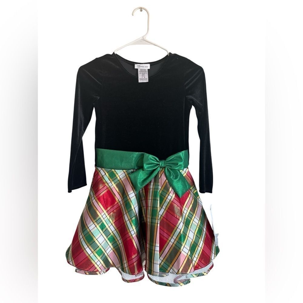 Bonnie Jean Festive Plaid Dress with Green Bow
